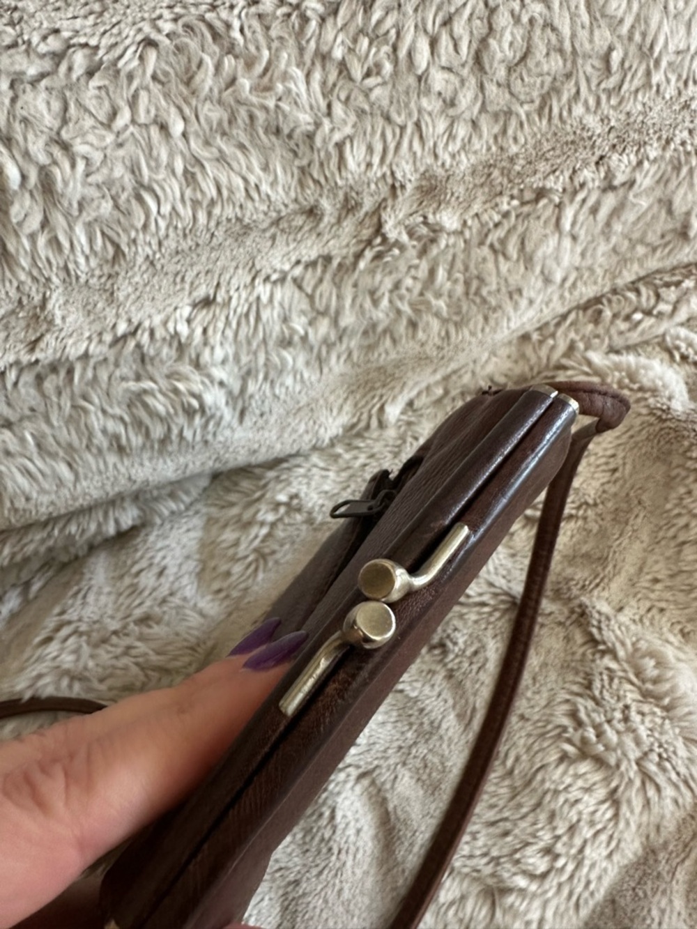 Vintage Fossil Kiss Lock Brown Leather Crossbody Bag - Picture 2 of 5